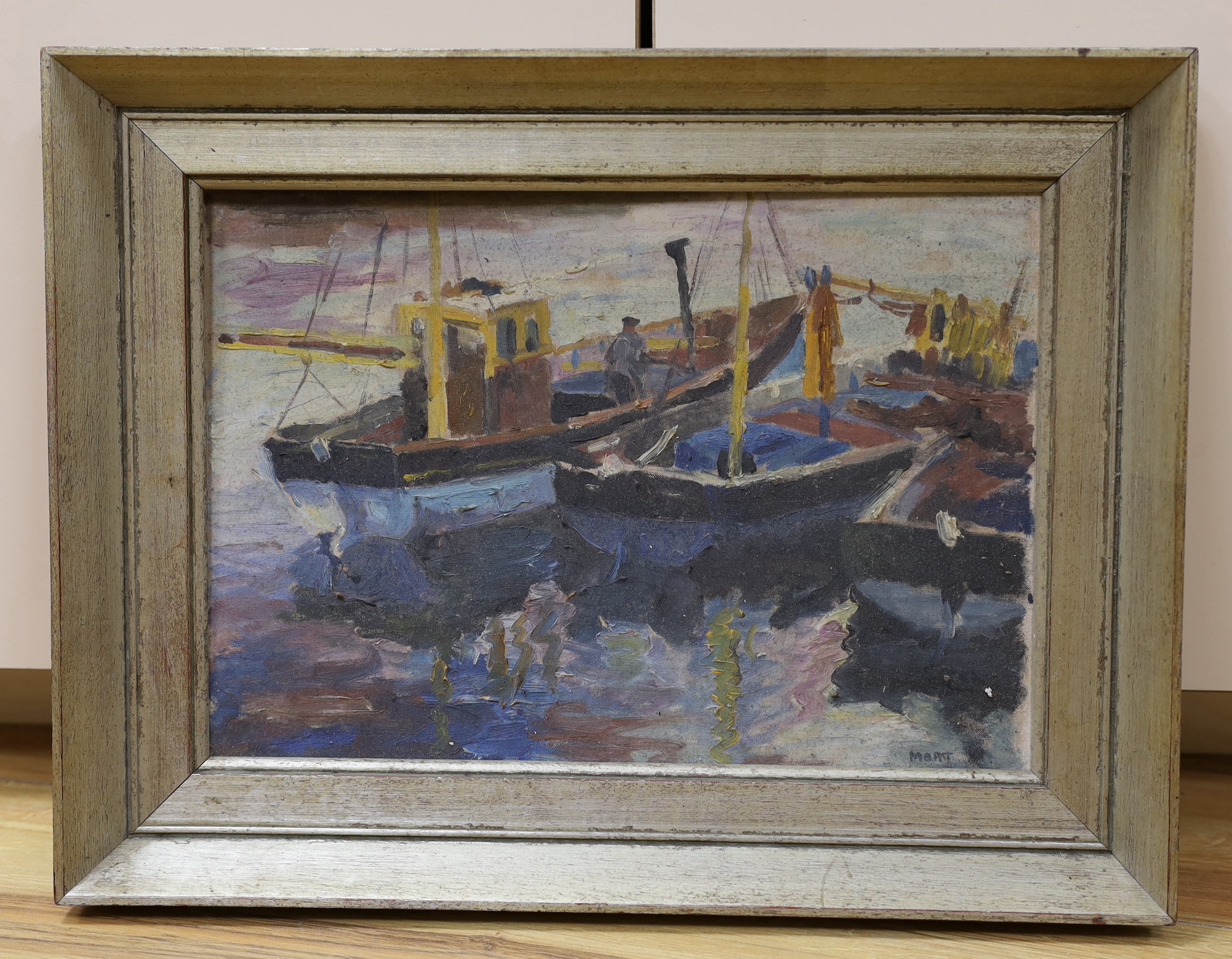 Marjorie Mort (1906-1988), oil on board, 'In Harbour', signed and inscribed verso, 24 x 35cm